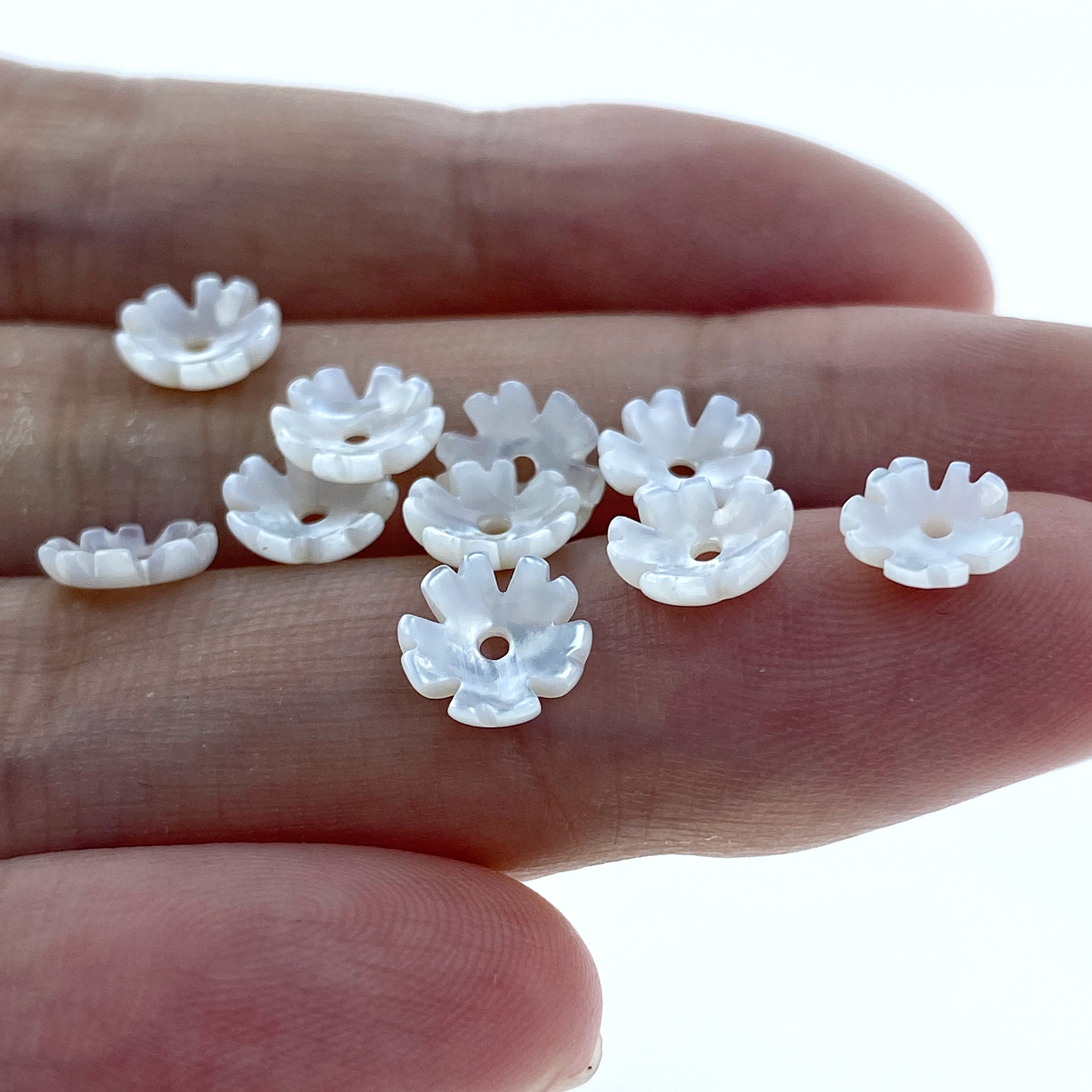 10pc 6mm Hand Carved White Mother of Pearl 5-petal Flower Bowl Beads WM-0026