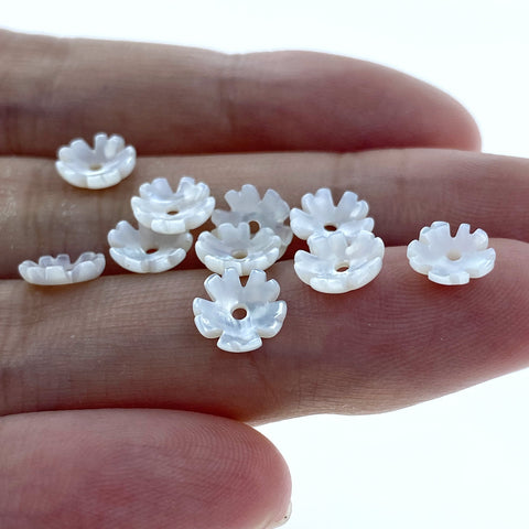 10pc 6mm Hand Carved White Mother of Pearl 5-petal Flower Bowl Beads WM-0026