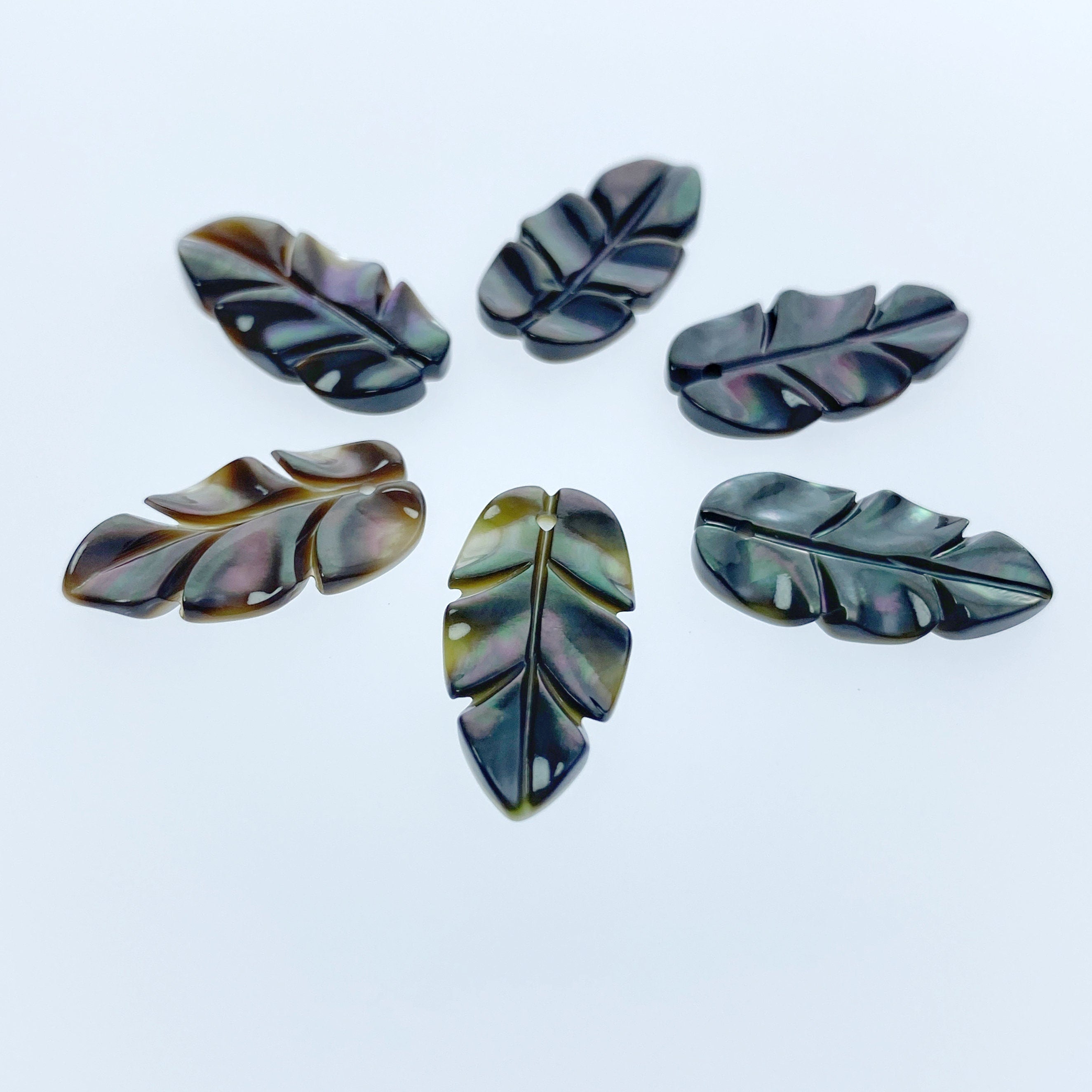 6pc 20mm x 10mm Black Mother of Pearl Hand Carved Leaf Pendants BM-0033