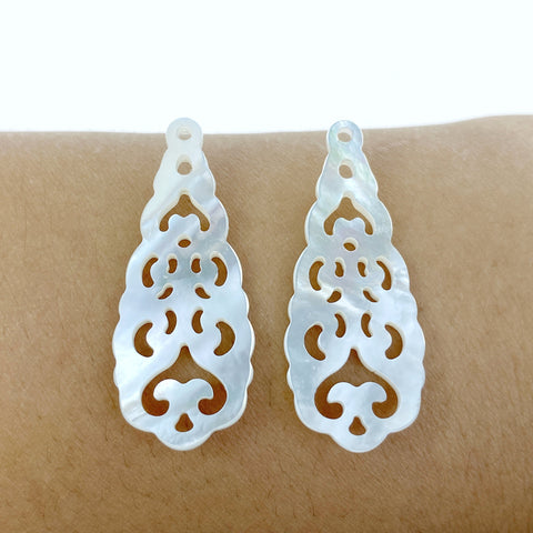 2pc Filigree Drop Mother Of Pearl Earring Making Dangle 35mm Jewelry Making Necklace Pendant Hand Carved Minimalist Natural Organic WM-0040