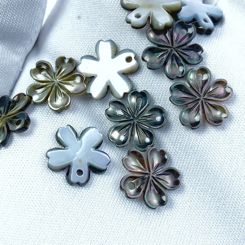 10pc Flower Shaped Black Mother Of Pearl Beads 10mm Hand Carved Floral Charms Pendants BM-0045