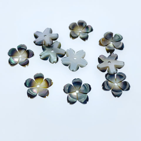 10pc Sakura Flowers Beads Black Mother Of Pearl 10mm Charms Hand Carved For Jewelry Earrings Making Japanese Design Minimalist Shell BM-0051