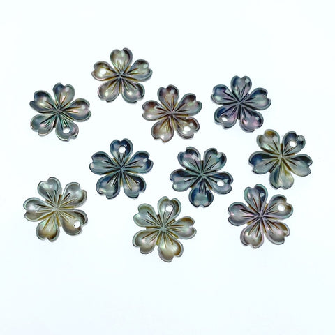 10pc Flower Shaped Black Mother Of Pearl Beads 10mm Hand Carved Floral Charms Pendants BM-0045