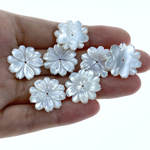 6pc Daisy Flower White Mother Of Pearl Beads Charms Pendants 20mm Bridal Jewelry Earrings Making Hand Carved Minimalistic Design WM-0023