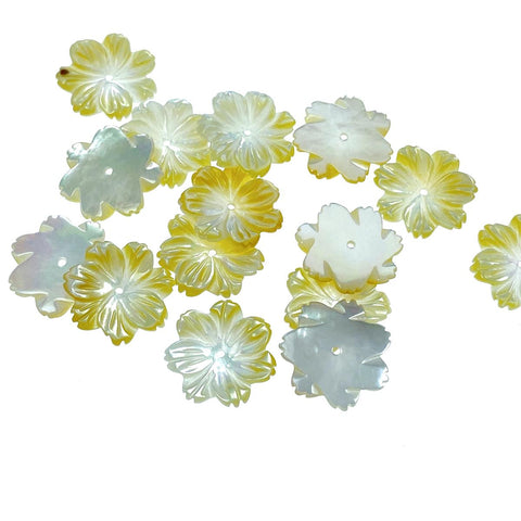 10pc Flower Beads Yellow Mother Of Pearl 15mm Hand Carved YM-0011