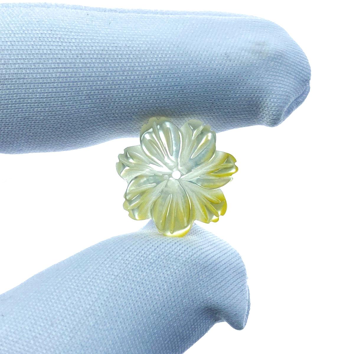 10pc Flower Beads Yellow Mother Of Pearl 15mm Hand Carved YM-0011