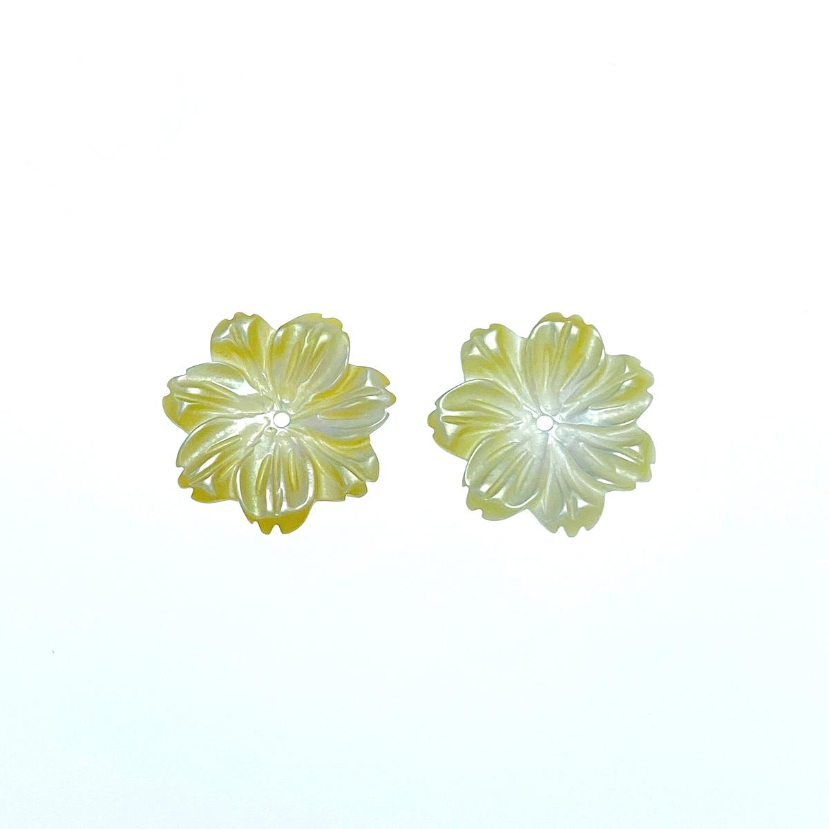 10pc Flower Beads Yellow Mother Of Pearl 15mm Hand Carved YM-0011